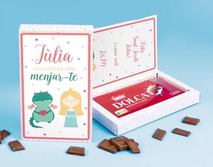 Tarjeta con chocolate y diseño de Sant Jordi